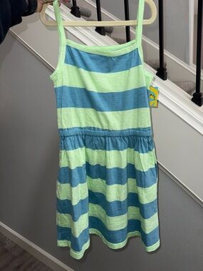 Primary Blue and Light Green Striped Sleeveless Dress